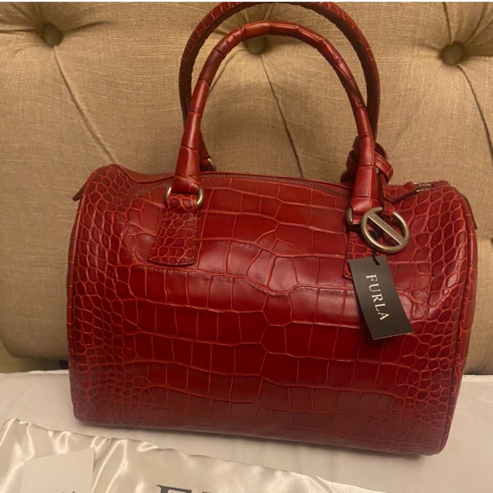 Furla red embossed leather satchel handbag